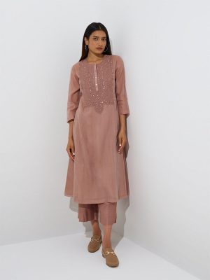 Zuba Dusty Pink Embroidered A-Line Kurta with Inner