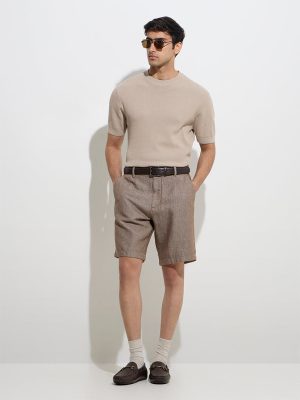 Ascot Brown Self Relaxed-Fit Mid-Rise Cotton-Blend Shorts