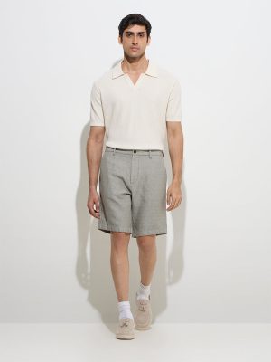 Ascot Grey Self Relaxed-Fit Mid-Rise Cotton-Blend Shorts