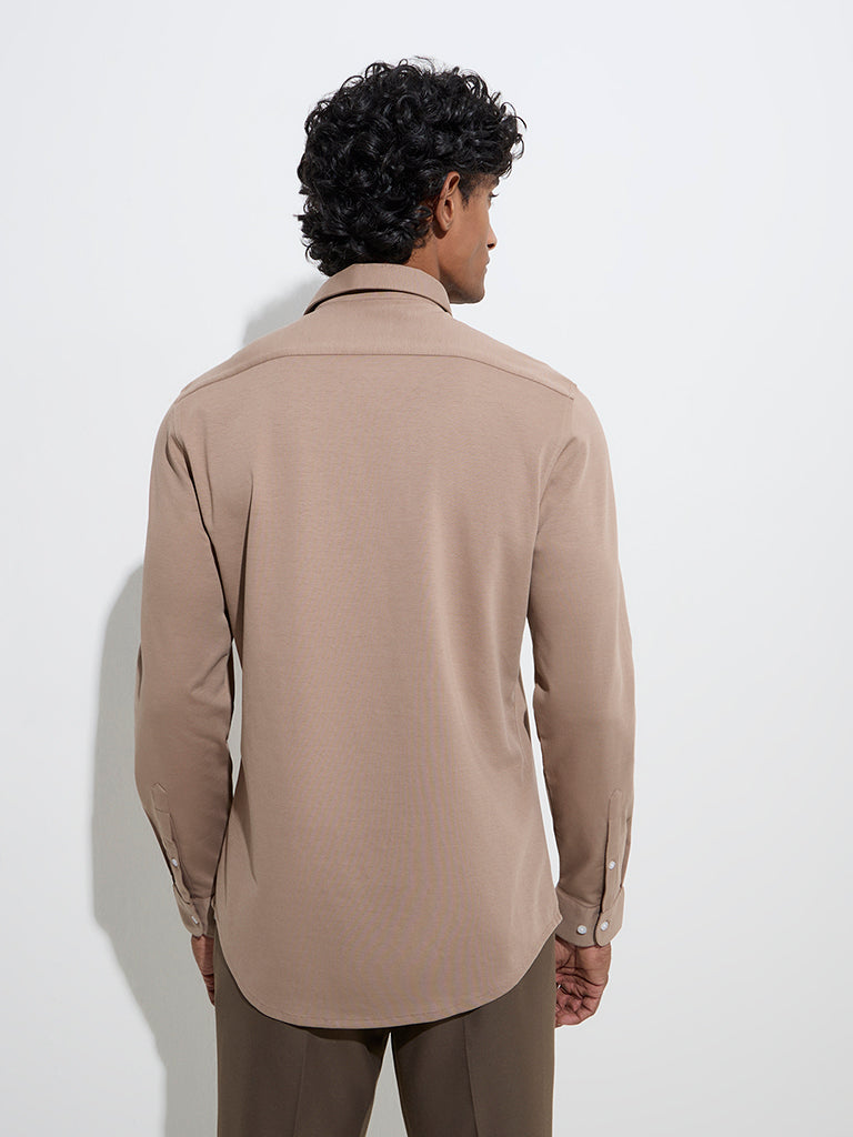 WES Formals Brown Solid Slim-Fit Cotton-Blend Shirt - Image 4