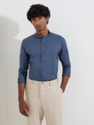 WES Formals Blue Solid Ultra Slim-Fit Cotton-Blend Shirt