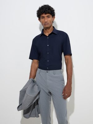 WES Formals Navy Solid Slim-Fit Shirt 
