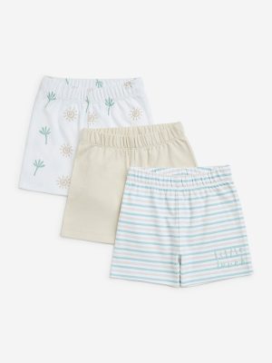 HOP Baby White Printed Cotton Mid-Rise Shorts - Pack of 3