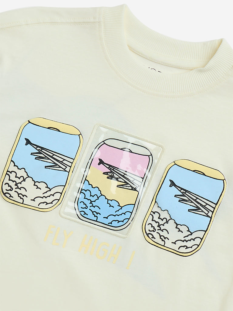 HOP Kids Off-White Printed Cotton T-Shirt - Image 3