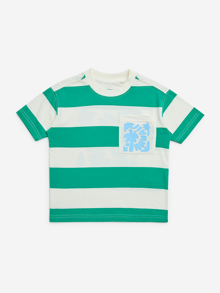 HOP Kids Green Colour-Blocked Cotton T-Shirt