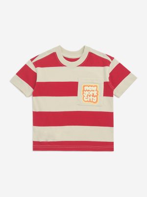 HOP Kids Red Striped Cotton T-Shirt