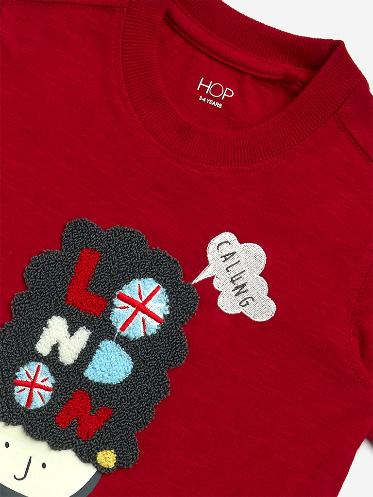 HOP Kids Red Applique-Detailed Cotton T-Shirt - Image 3