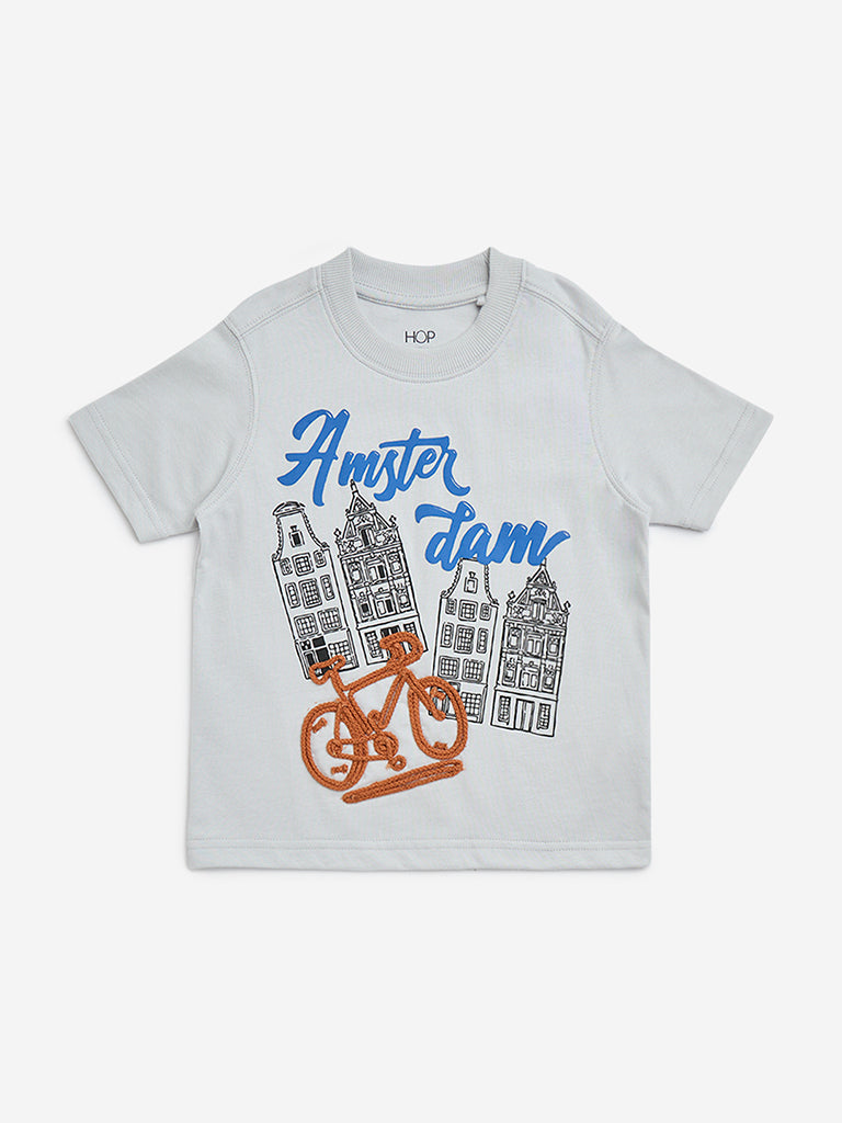 HOP Kids Grey Printed Cotton T-Shirt