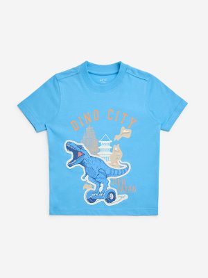 HOP Kids Blue Dinosaur-Themed Cotton T-Shirt