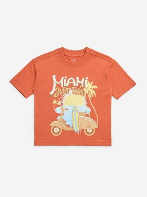 HOP Kids Orange Printed Cotton T-Shirt