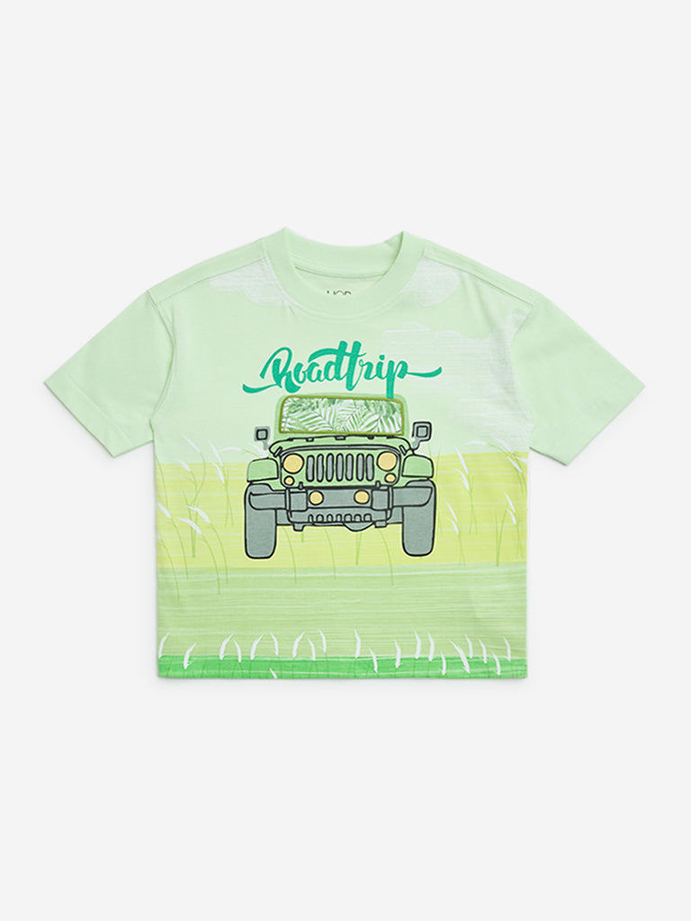 HOP Kids Green Jeep Printed Cotton T-Shirt