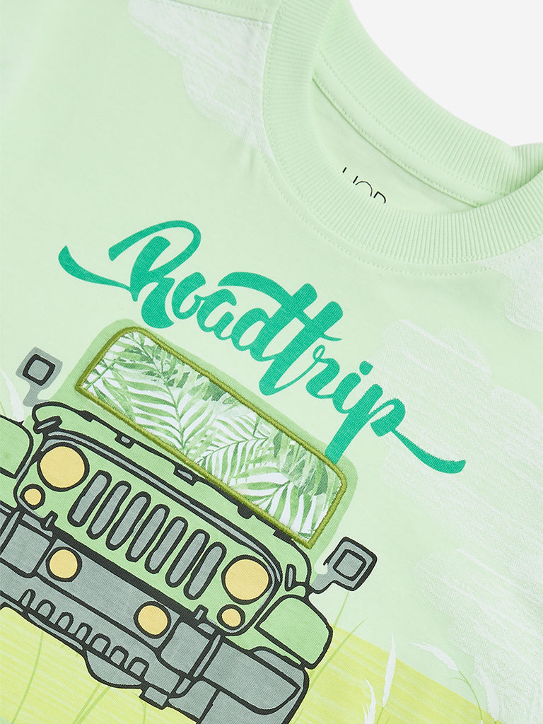 HOP Kids Green Jeep Printed Cotton T-Shirt - Image 3
