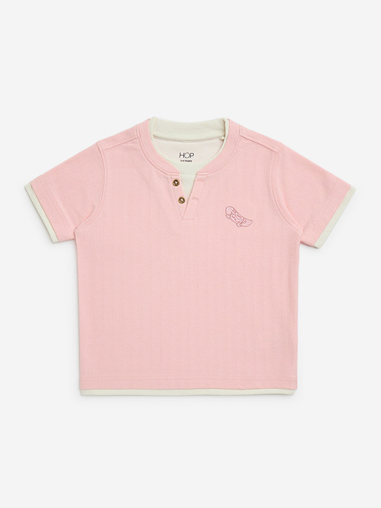 HOP Kids Pink Embroidered Cotton T-Shirt