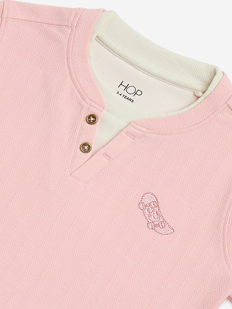 HOP Kids Pink Embroidered Cotton T-Shirt - Image 4