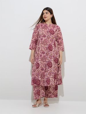 Diza Pink Botanical Design A-Line Kurta