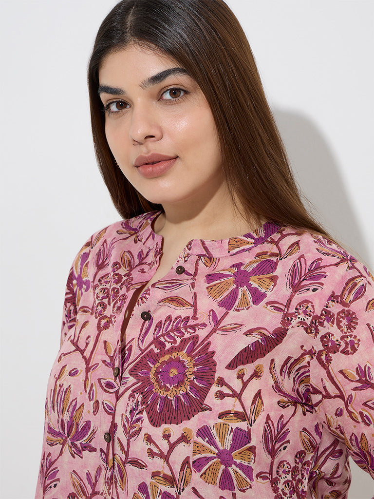 Diza Pink Botanical Design A-Line Kurta - Image 2