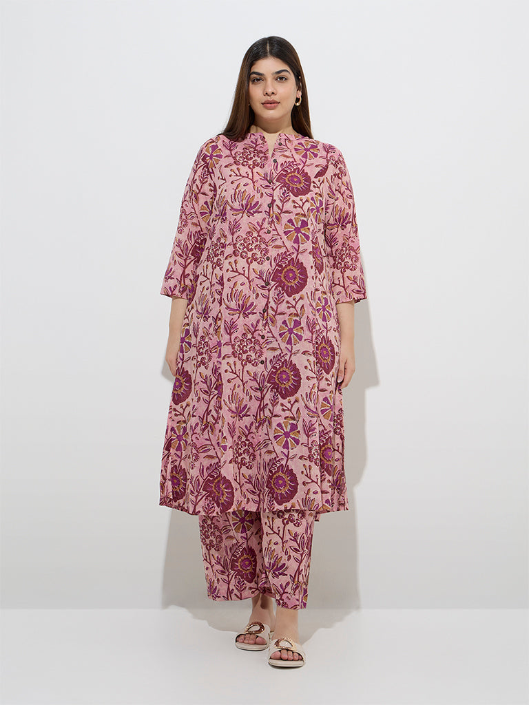Diza Pink Botanical Design A-Line Kurta - Image 3