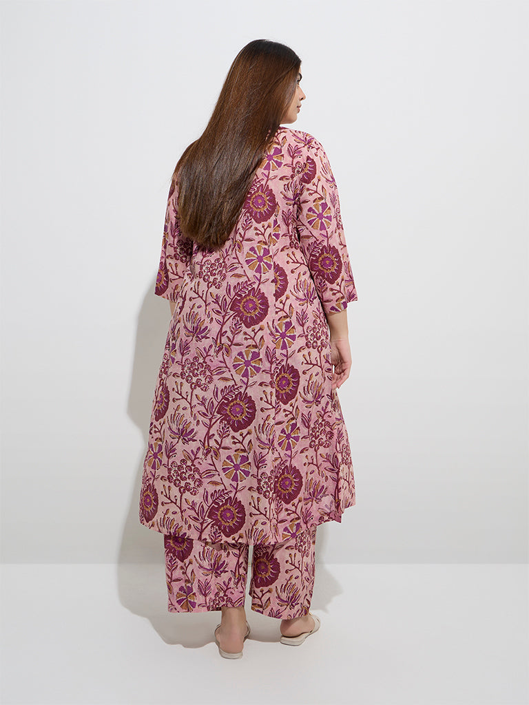 Diza Pink Botanical Design A-Line Kurta - Image 4