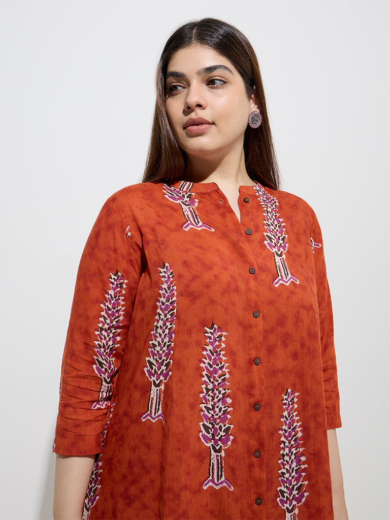 Diza Rust Foliage Pattern A-Line Kurta - Image 2