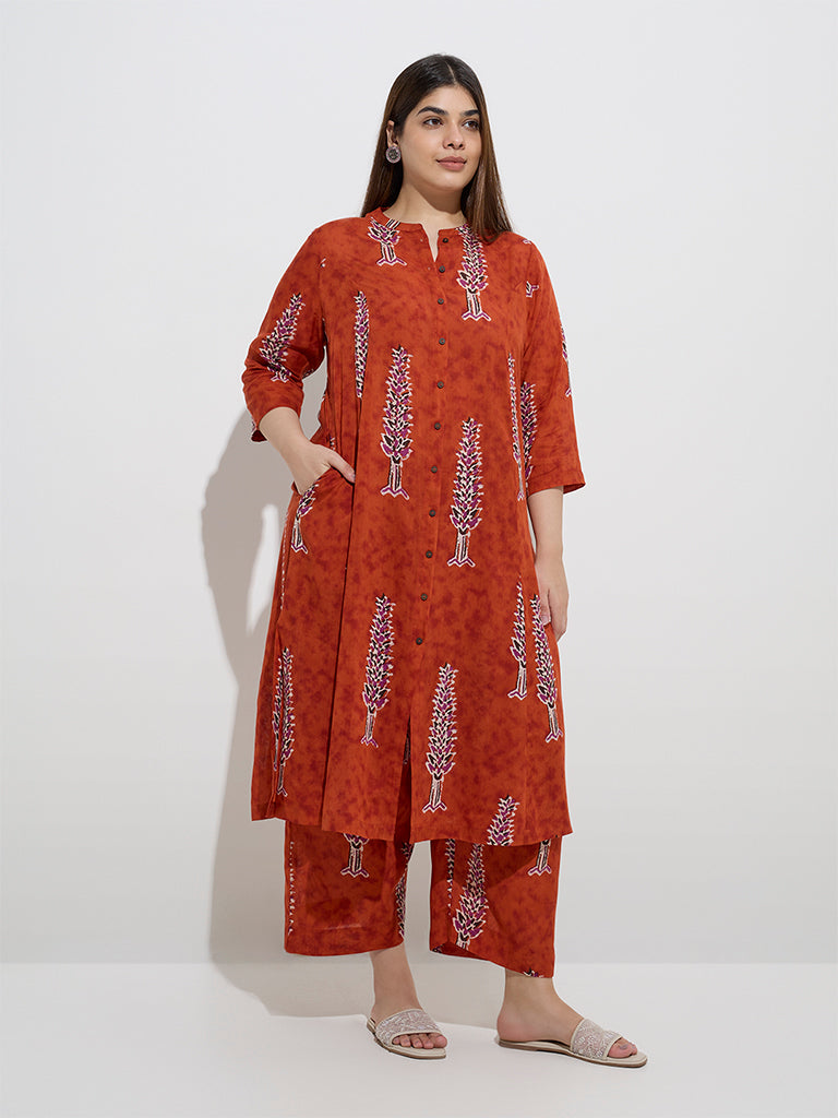 Diza Rust Foliage Pattern A-Line Kurta - Image 3