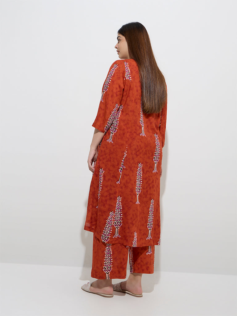 Diza Rust Foliage Pattern A-Line Kurta - Image 4