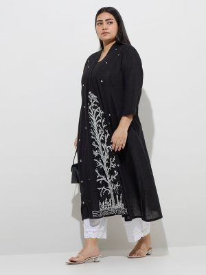 Diza Black Botanical-Inspired Cotton A-Line Kurta