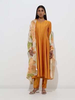 Vark Orange A-Line Kurta. Pants and Floral Dupatta Set