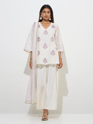 Vark Off-White A-Line Kurti. Palazzos and Dupatta Set