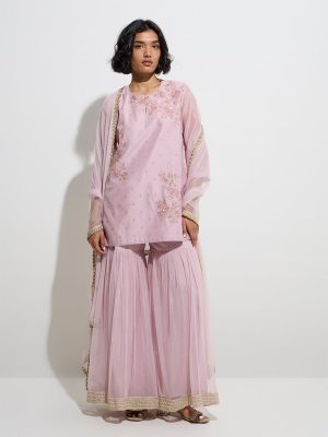 Vark Light Pink Straight Kurti. Sharara and Dupatta Set