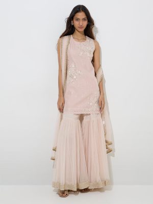 Vark Peach Cotton-Blend Kurti. Sharara and Dupatta Set