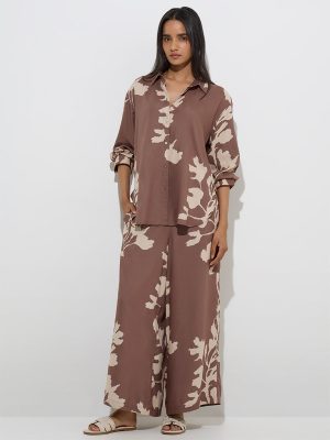 Utsa Brown Foliage Pattern Palazzos