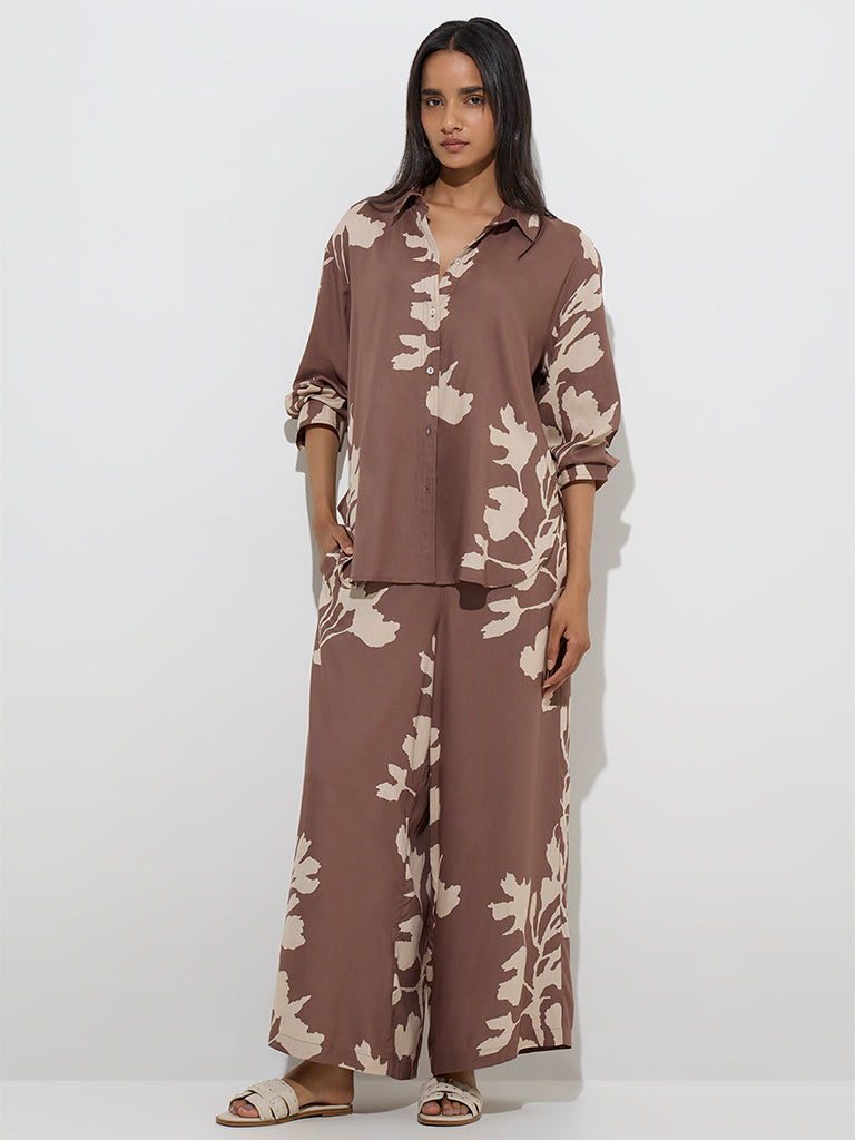 Utsa Brown Foliage Pattern Palazzos