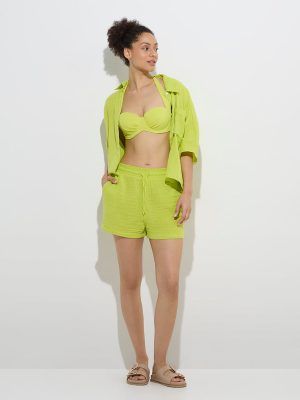 Wunderlove Neon Green Crinkle-Textured Cotton Beach Shorts