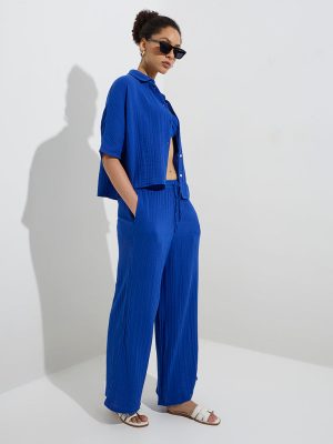 Wunderlove Blue Textured High-Rise Cotton Beach Pants
