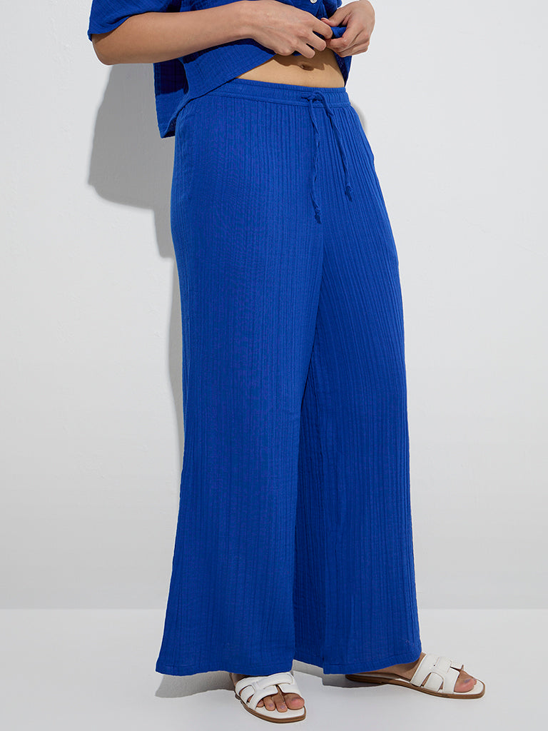 Wunderlove Blue Textured High-Rise Cotton Beach Pants - Image 2