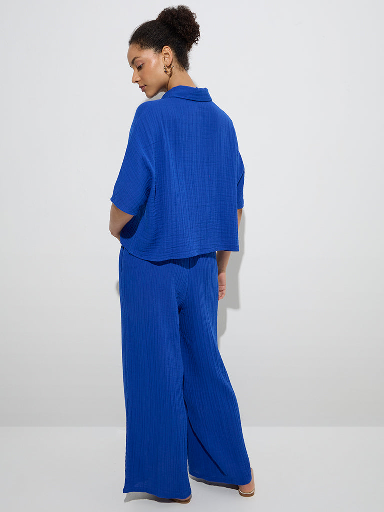 Wunderlove Blue Textured High-Rise Cotton Beach Pants - Image 4