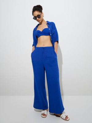 Wunderlove Blue Crinkle-Textured Cotton Beach Shirt