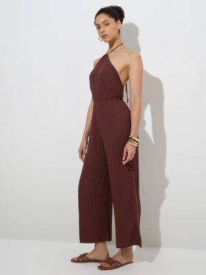 Wunderlove Brown Crinkle-Textured Cotton Beach Jumpsuit