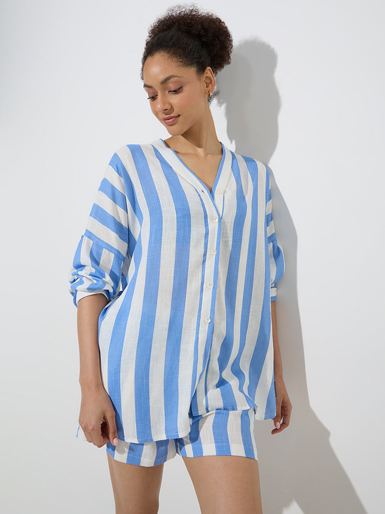 Wunderlove Blue Stripe Printed Beach Shirt