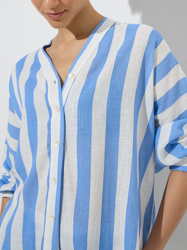 Wunderlove Blue Stripe Printed Beach Shirt - Image 2