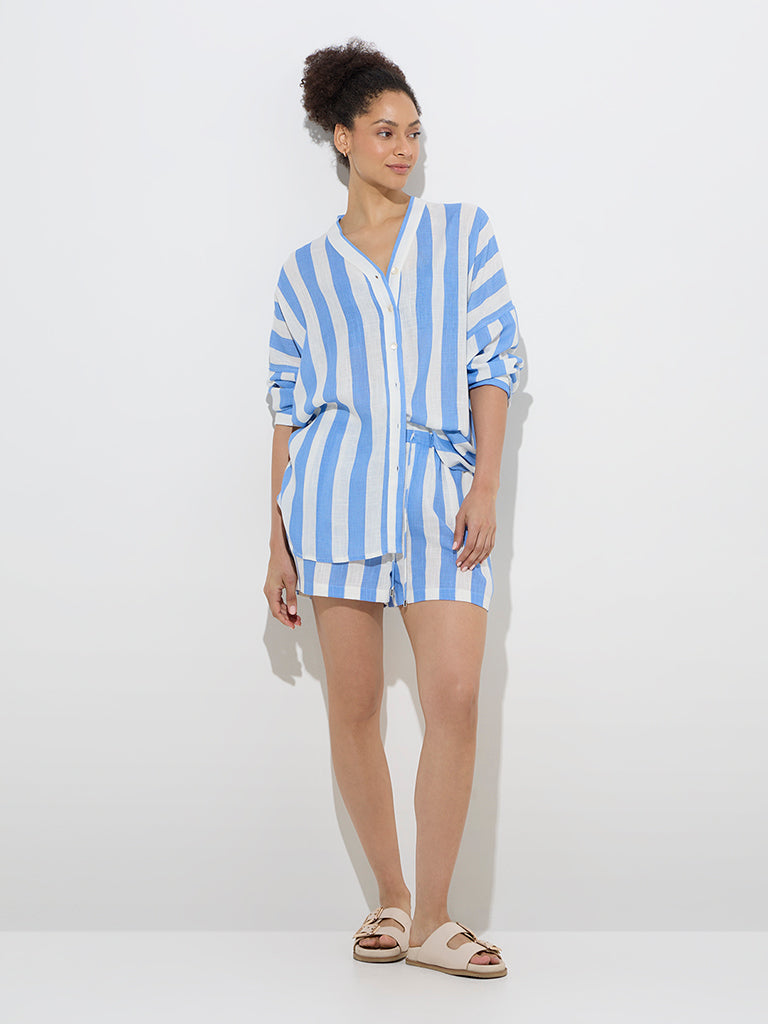 Wunderlove Blue Stripe Printed Beach Shirt - Image 3