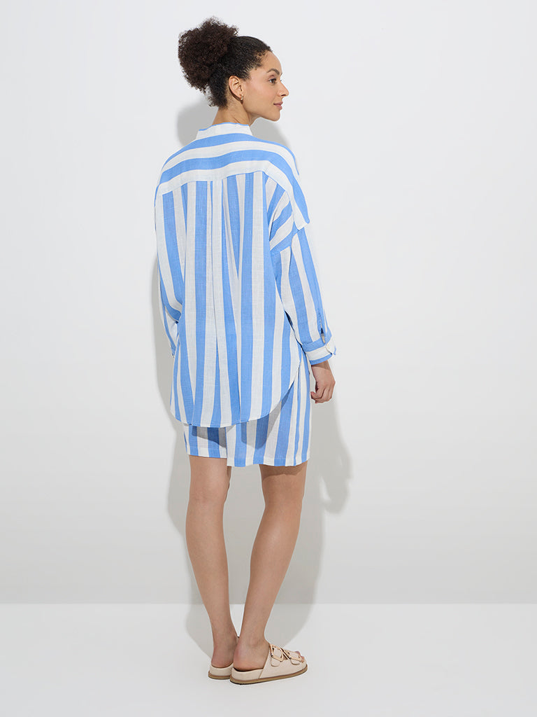 Wunderlove Blue Stripe Printed Beach Shirt - Image 4