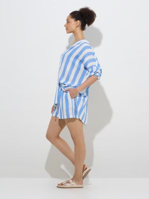 Wunderlove Blue Striped High-Rise Beach Shorts