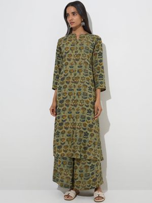 Utsa Green Floral Printed A-Line Kurta