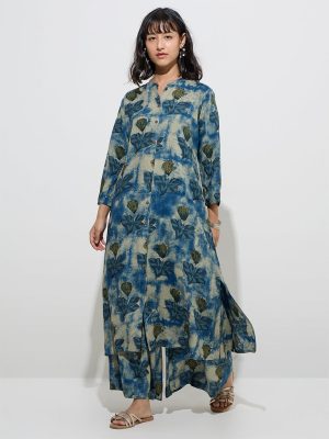 Utsa Blue Floral Patterned A-Line Kurta