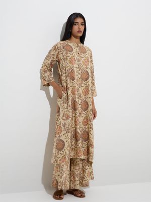 Utsa Beige Floral Printed A-Line Kurta