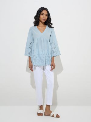 Utsa Blue Schiffli Detailed Cotton Kurti