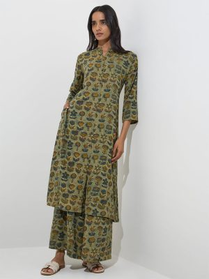 Utsa Green Floral Design Palazzos