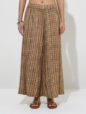 Utsa Beige Butta Striped Palazzos