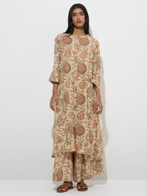 Utsa Beige Floral Design Palazzos
